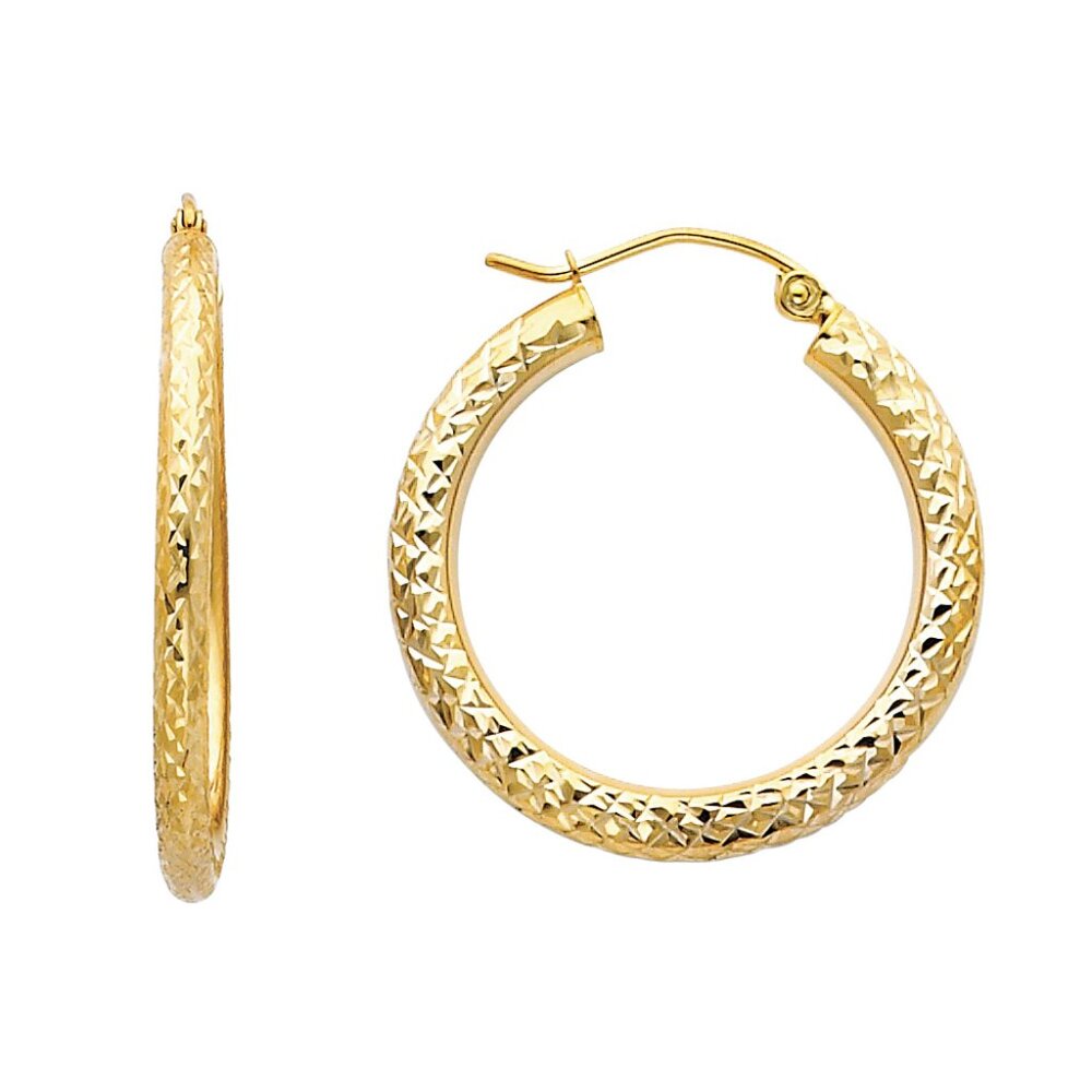 14KT Gold Diamond Cut 3mm Hollow Round Tube Hoop Earrings (25mm)